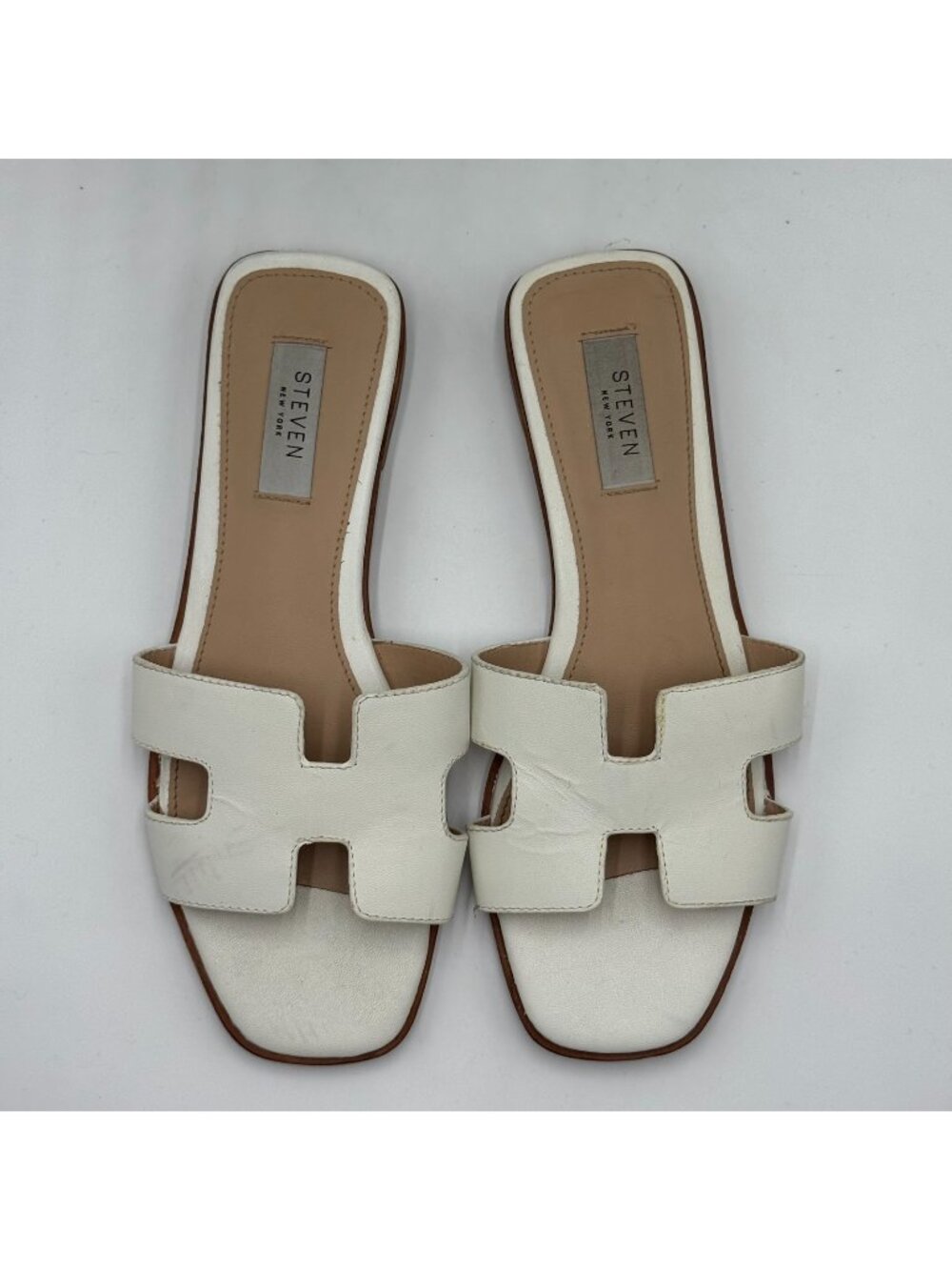 Steve Madden Hadyn Slide Sandal Women's 8.5 White Leather H-Cutout Strap Slip-On